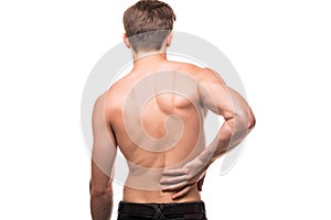 Man rubbing his painful back. Pain relief, chiropractic concept