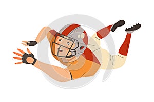 Man Rugby Player in Helmet and Uniform Playing American Football Game Passing Oval Ball Falling Down Vector Illustration