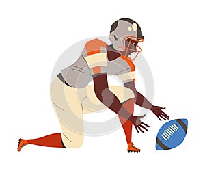 Man Rugby Player in Helmet and Uniform Playing American Football Game Taking Oval Ball from the Ground Vector