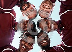 Man, rugby and portrait of sports team in huddle for outdoor training, teamwork or support below. Low angle of group or