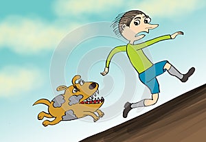 Man run away from angry dog, cartoon