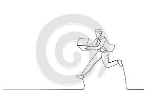 Man run with modern laptop captured in motion. Never stop. Hipster