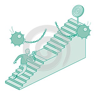 Man run up set of stairs. Overcome business obstacles. Barrier on way to success. Isometric concept of success, urgency and
