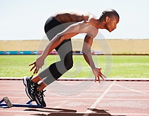 Man, runner and starting line for sprint, athlete and ready for marathon, wellness and race or competition. Black male