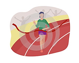 Man runner is the winner, she crosses the finish line through a red ribbon. Running competition, marathon distance or sports