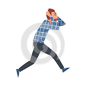 Man Running Afraid of Something, Terrified, Scared, Shocked Guy Holding His Head with Hands Cartoon Style Vector