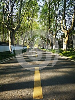 A man running along the road in the morning time