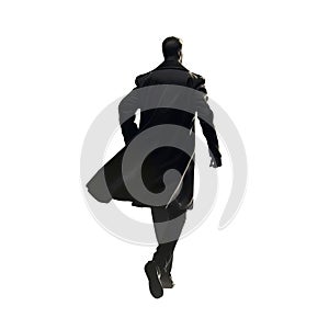 Man running away wearing a black trench coat. Black leather coat. Handsome mysterious man back view. Transparent PNG background.