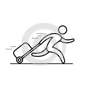 Man is running with a bag, hurrying to the transport, outline icon. Vector line illustration