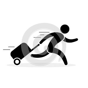 Man is running with a bag, hurrying to the transport. Vector icon flat illustration