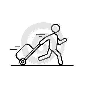 Man is running with a bag line icon, hurrying to the transport. Vector outline illustration