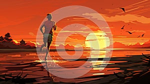 A man running on the beach at sunset. Generative AI image.