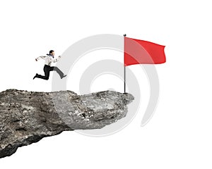 Man running on cliff for wavy flag isolated in white