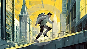 a man running down a building with a yellow tint