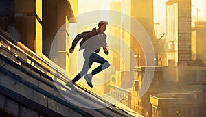 a man running down a building with a yellow tint