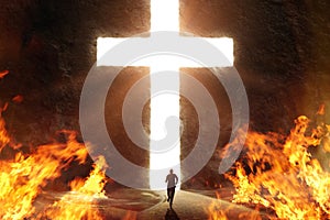 Man Running from Flames into Giant Bright Cross