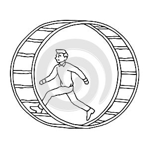 Man running in hamster wheel vector hand drawing illustration