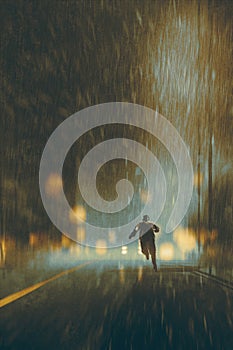 Man running in heavy rainy night