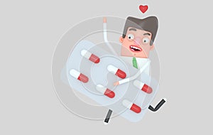 Man running holding a big pill blister. 3d illustration. Isolate