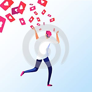 Man running of like notifications. Social media addictions attract attention guy grabbing like notification online photo