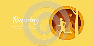 Man running in nature mountain landscape.Marathon or Trail running sport activity. Paper art vector illustration