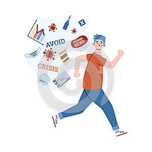 Man running off information about pandemic cartoon vector illustration isolated.
