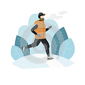 Man running outside in winter cold season. Handdrawn vector illustration