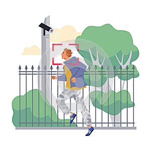 Man running in the park, CCTV video camera monitoring city streets - flat vector illustration isolated on white.