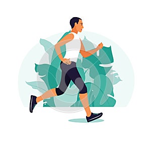 Man running in the park. He doing physical activity outdoors at the park. Healthy lifestyle and fitness concept. Vector