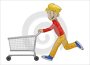 Man running while pushing his shopping cart
