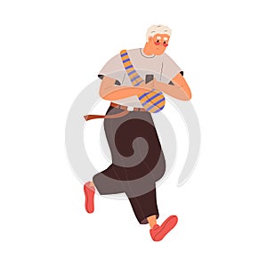 Man running, rushing on urgent business. Busy person is late, hurrying. Hectic male character moving with phone. Time