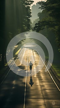 Man running on the street for exercise with nature sunrise background.