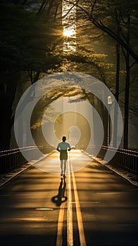 Man running on the street for exercise with nature sunrise background.