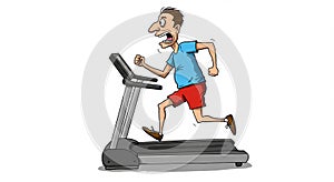 Man Running on Treadmill Cartoon illustration of a man grimacing while running on a treadmill conveying exertion and possibly photo