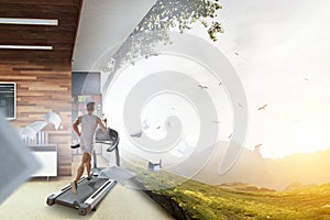 Man running on a treadmill concept
