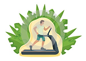 Man running on treadmill with leaf background, male practise sport exercises. Isolated on white, flat vector illustration