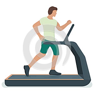 Man running on treadmill, male practise sport exercises. Isolated on white, flat vector illustration. Character person run home