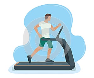 Man running on treadmill, male practise sport exercises. Isolated on white, flat vector illustration. Character person run home