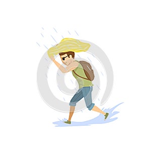 Man running under the strong summer rain