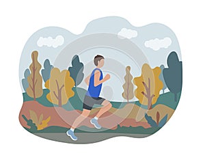 A man runs in an autumn park. Sports training on the street. Runner in motion. Marathon and long runs outside. running and fitness