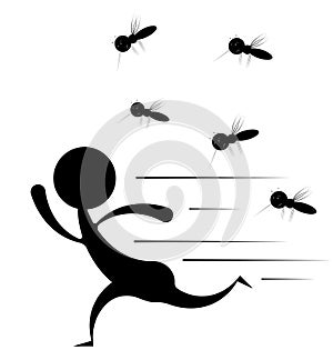 Man runs away from a flock of mosquitoes. Harmful insect, disease vector. Black white isolated vector