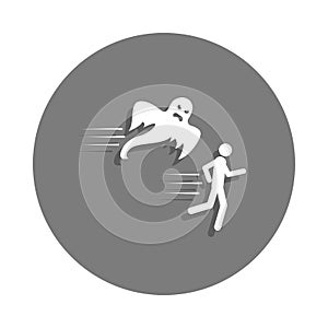 a man runs away from a ghost icon in badge style. One of ghost collection icon can be used for UI, UX