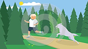 A man runs away from a wolf in the forest.