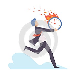 Man runs with a burning clock. Vector illustration.