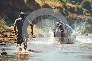 Man runs from a chasing huge aggressive hippopotamus in a river attack, a deadly danger in African wildlife