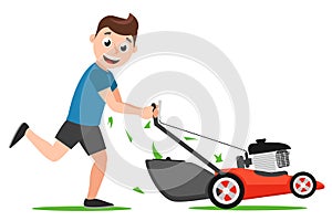 Man runs with a lawn mower on a white background. Lawn mowing photo