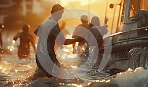 A man runs to a rescue boat during a flood. Hurricane. A group of people are trying to get into the boat