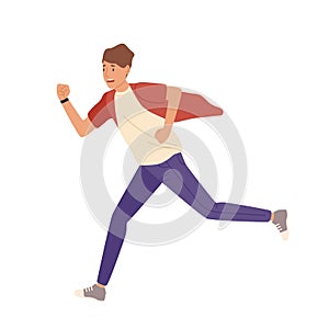 Man rushing flat vector illustration. Late young student in casual clothes isolated on white background. Worker hurrying