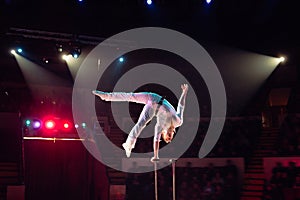 Man`s aerial acrobatics in the Circus. Circus performance