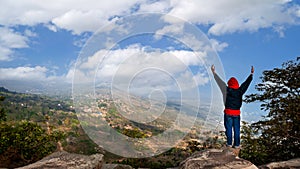 A man`s casual day on the top of the mountain